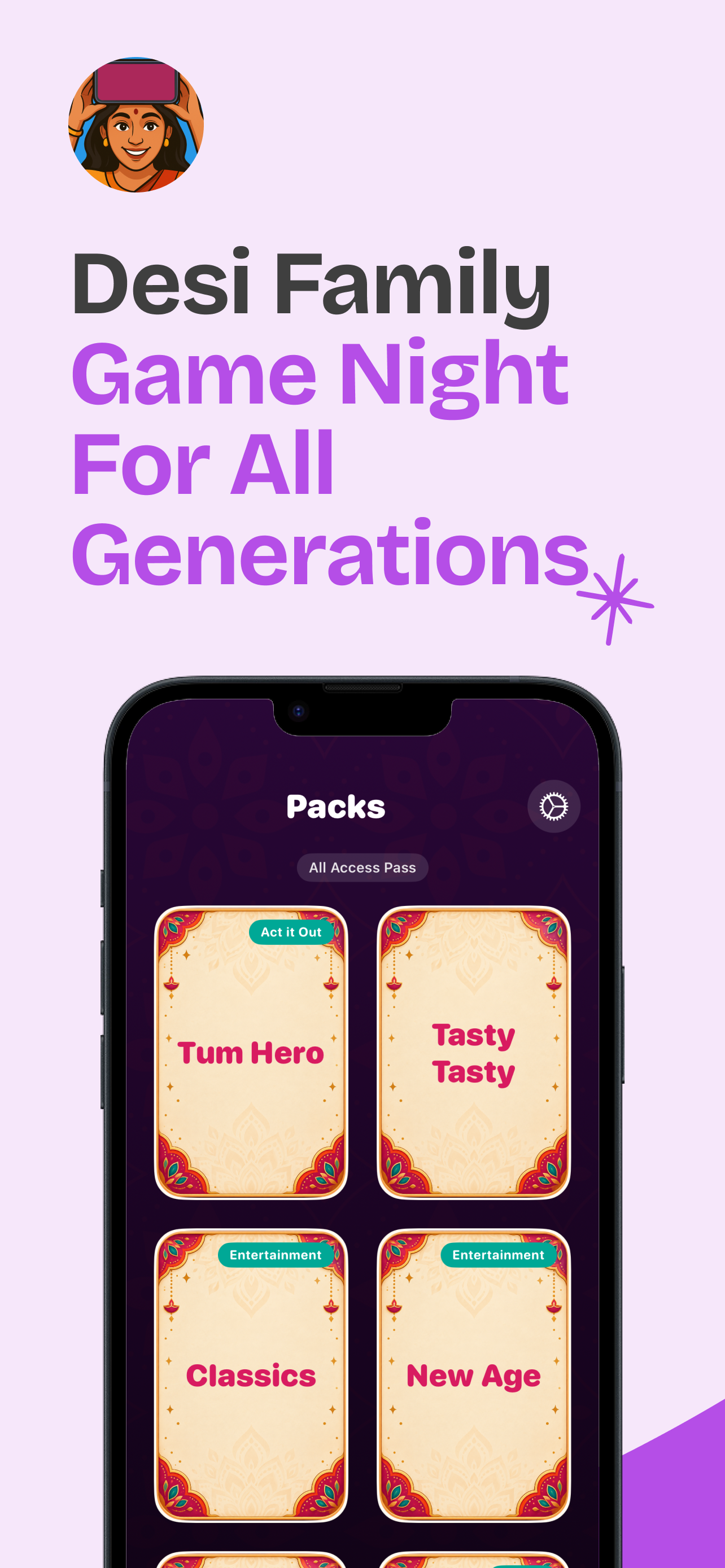 Desi Party app game packs screen